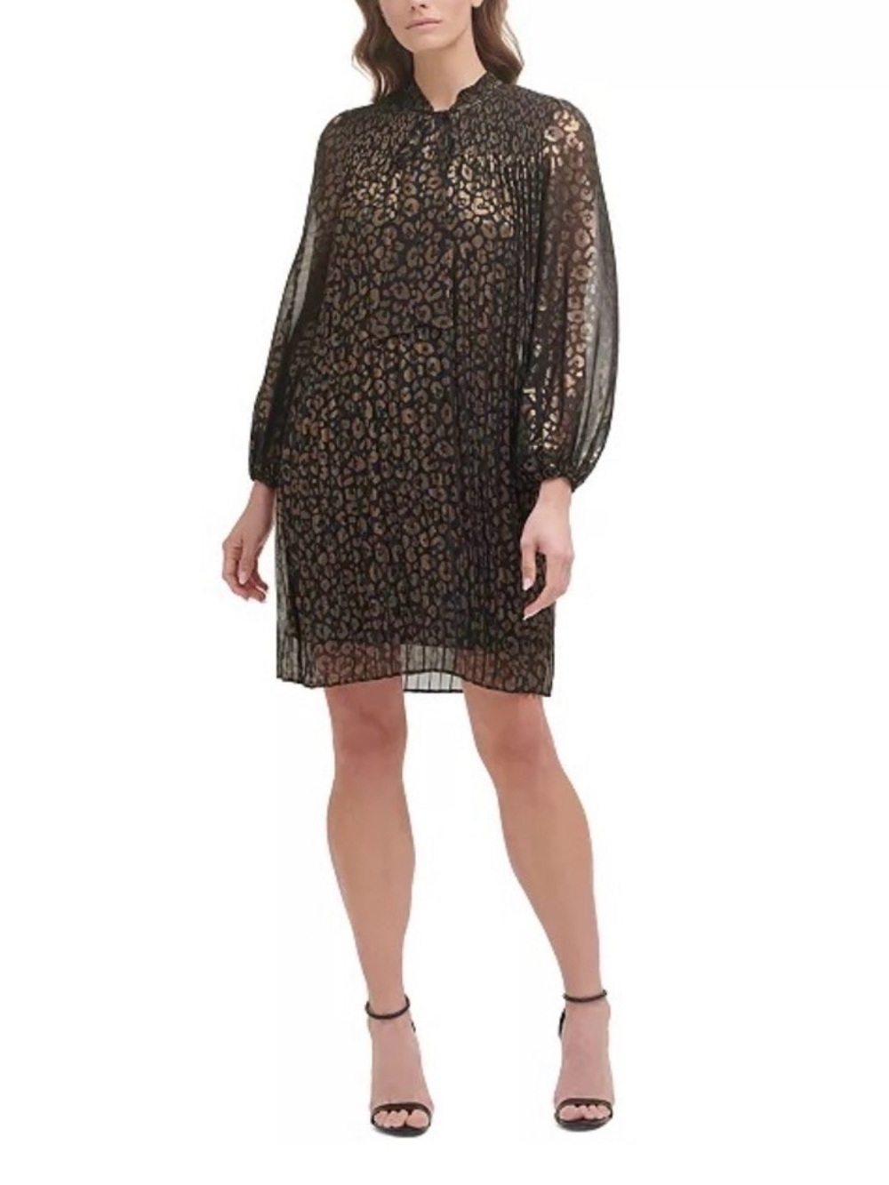DKNY Metallic Leopard Print Sheer Sleeve Shift Dress - Black & Gold
